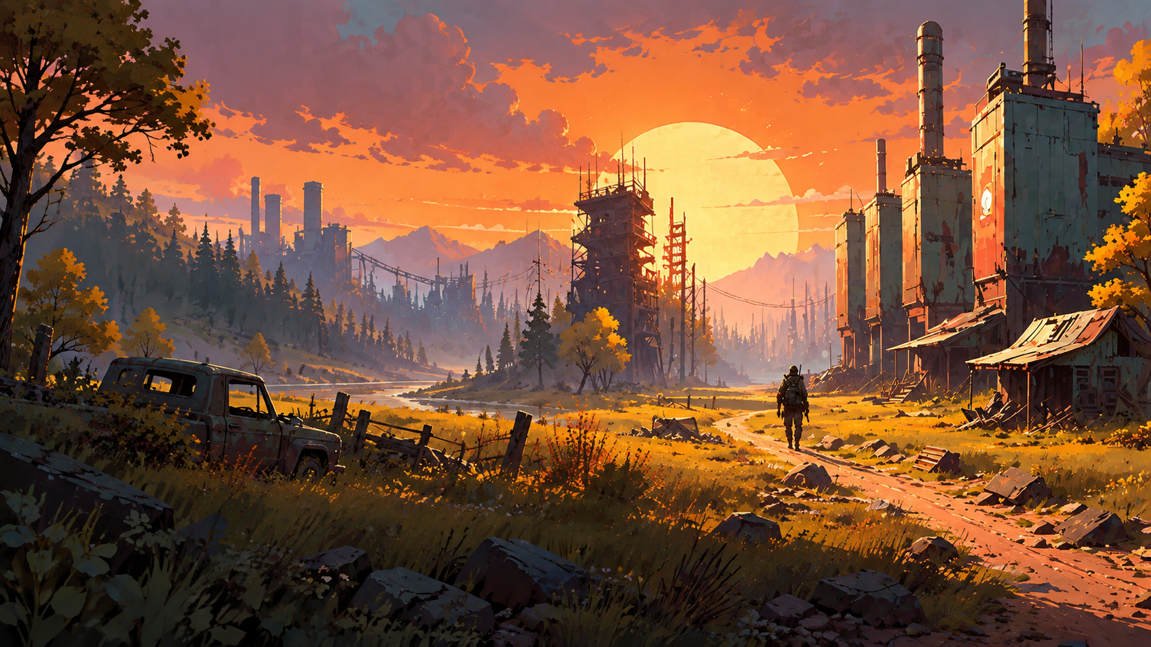 Abandoned industrial valley at sunset